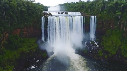 Fototapeta premium Majestic waterfall cascading down a rocky cliff face surrounded by lush vegetation.