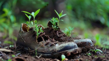 Obraz premium Old Shoes with Growing Plants Symbolizing Nature's Resilience