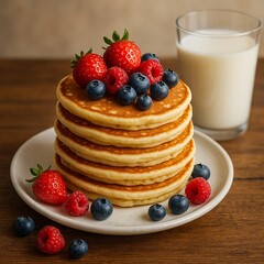 Delicious stack of pancakes with fresh berries and a glass with milk