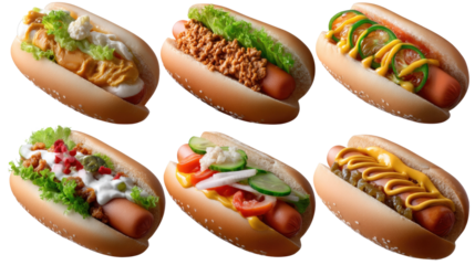 Hot Dog Variety Pack: A tantalizing assortment of six hot dogs, each showcasing a different flavor profile.  The vibrant array includes classic hot dogs topped with mustard, relish, ketchup.