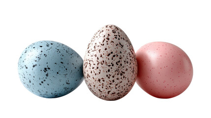 Colorful Bird Eggs: A trio of vibrant bird eggs, each adorned with unique speckled patterns and hues, stands in harmonious formation, evoking the promise of new life and natural beauty.