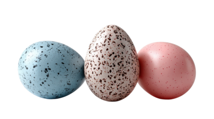 Colorful Bird Eggs: A trio of vibrant bird eggs, each adorned with unique speckled patterns and hues, stands in harmonious formation, evoking the promise of new life and natural beauty.