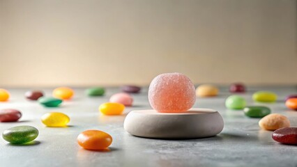 A single, translucent, pink candy rests atop a small, smooth, gray pedestal, surrounded by a scattering of colorful, similarly-shaped sweets on a neutral surface.