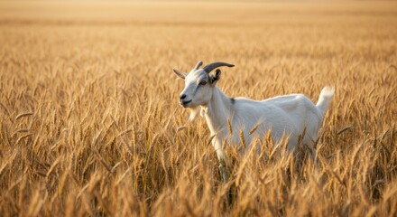 Obraz premium A white goat stands in a field of wheat