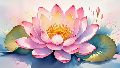 water lily is painted in a watercolor style the flower is pink and has a yellow center
