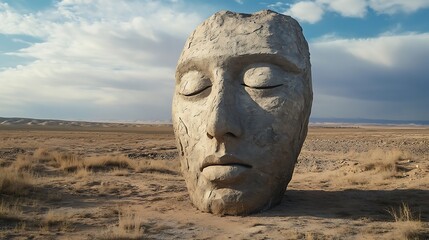 Fototapeta premium Weathered Stone Face Sculpture in a Dry Desert Landscape – Ancient and Mysterious Monument