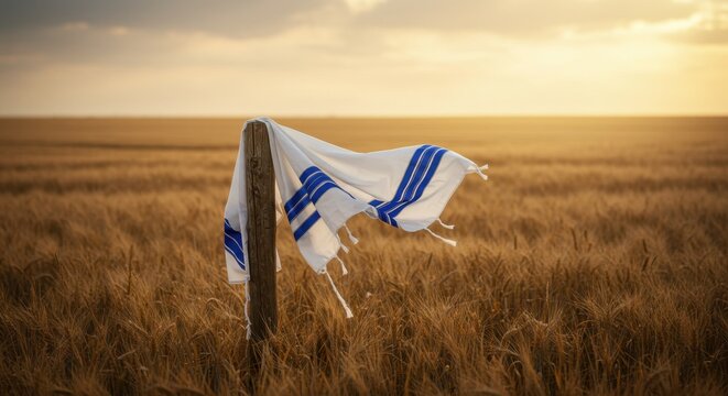 A tallit draped over a wooden post in a wheat field at sunset