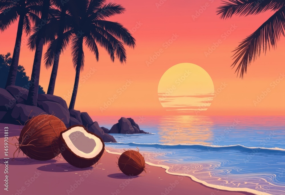 Poster sunset over a tranquil beach with coconuts and palm trees
