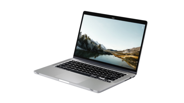 Modern Notebook: A sleek, opened laptop, its screen displaying a scenic view, symbolizing connectivity and productivity, set against a clean backdrop, perfect for tech-related visuals.