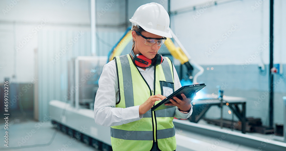 Poster woman, typing and tablet at robotics factory for research, machine update and technical guide. engin