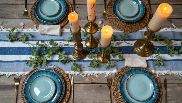 Elegant table setting with blue plates, candles, and woven accents for a cozy dinner - Powered by Adobe