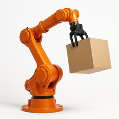 Industrial robotic arm lifting a cardboard box on white background