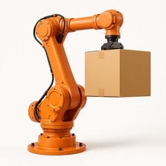 Industrial robotic arm lifting a cardboard box on white background