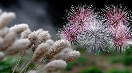 Obraz premium Nature meets fireworks; fluffy plants and vibrant bursts of color. Misty background