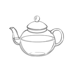 Teapot in minimal glass style, black line vector drawing on white background. Perfect for tea packaging, labels, cafe design, coloring books, and minimalistic kitchen illustrations.