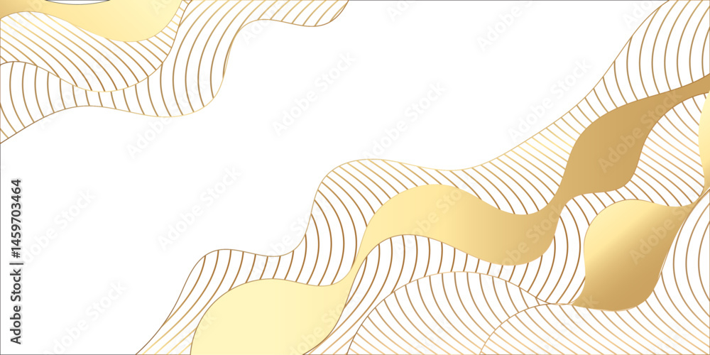 Poster Modern white and gold abstract wavy stripes background. Abstract luxury background wavy gold gradient lines and organic dynamic shapes. Thin line wavy abstract vector background. Curve wave line.