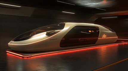 Fototapeta premium Futuristic, sleek, personal transportation vehicle within a subterranean tunnel. Illuminated by orange/red lights, highlighting its smooth, aerodynamic design
