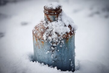 An old, rusty bottle covered with snow sits in the winter landscape, showcasing the cold.