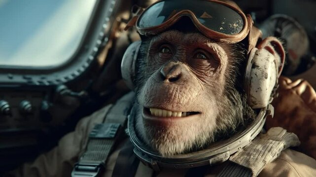 A smiling monkey astronaut wearing a pilot helmet and goggles, seated inside a spacecraft cockpit. The joyful expression adds a playful tone to this imaginative science fiction concept.