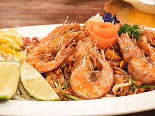 Close-up of Pad Thai with Shrimp, a noodle dish that is a signature Thai dish.