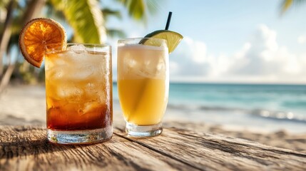 This vibrant image features two tropical cocktails served on a beachside table, embodying a relaxing vibe, fun in the sun and an invitation to unwind by the sea.