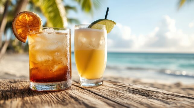 This vibrant image features two tropical cocktails served on a beachside table, embodying a relaxing vibe, fun in the sun and an invitation to unwind by the sea.
