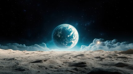 An awe-inspiring depiction of Earth viewed from the moon's surface, capturing the beauty of our planet amidst a starry, dark canvas, emphasizing both connection and distance.