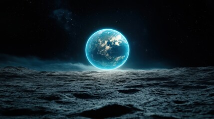 A breathtaking view of Earth rising over a lunar landscape, highlighting the contrast between our planet's vibrancy and the moon's desolate beauty in the vastness of space.