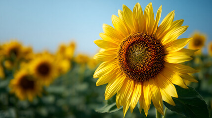 Obraz premium Close-up of bright yellow sunflower, petals and dark brown center detailed, blurred background of other sunflowers and blue sky, showcasing summer, nature, and growth