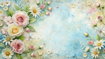 Pastel Roses and Daisies on a Textured Background, Perfect for Invitations, Greeting Cards, or Decorative Prints
