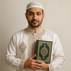 Muslim Wear White Shirts with Traditional Islamic Ornaments Holding Qura
