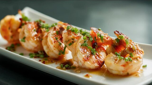 Plated appetizer of grilled jumbo shrimp garnished with chives and spices on a white rectangular dish