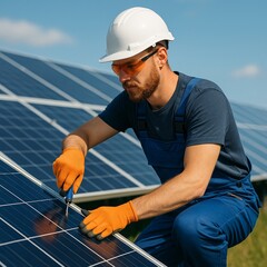 Professional Engineer Service Solar Panel. Worker Maintenance Cleaning Replacing Solar Panel