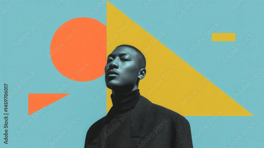 Poster a man is standing in front of a blue and yellow background. the background is made up of different s
