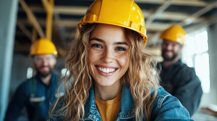 A smiling young woman wearing a hard hat and denim jacket stands at a construction site, exuding confidence and professionalism, reflecting empowerment in a traditionally male-dominated field.