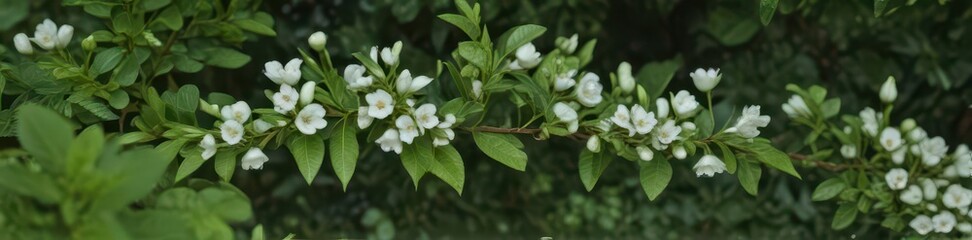 Abundant tiny white blooms cover a small branch, nestled in rich green leaves , flowers, spring, photography
