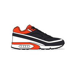 Orange, black, and white sneakers, outlined and isolated on a white background. Suitable for commercial purposes.
