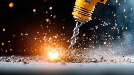 An energetic drill showcases its power as it spins through a tough material, creating clouds of dust and sparks that symbolize hard work and industrial effort.