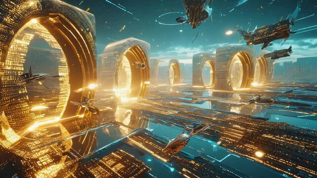 Hyper futuristic secure file system using dimensional folds, glowing data packets popping origami-like portals in space, anti-gravity digital environment, security AI drones patrolling