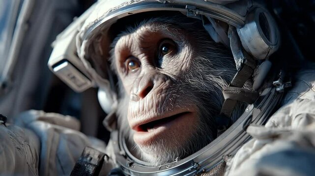 A monkey astronaut inside a spacecraft, wearing a full spacesuit and helmet. The intelligent expression and dynamic pose bring this science fiction concept to life in a whimsical way.