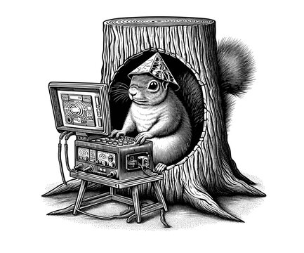 Squirrel in a computer hat working at a desk in a tree stump  