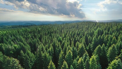 aerial view of dense evergreen forest with lush green pine trees