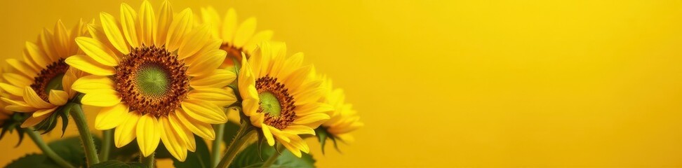 Naklejka premium Close-up sunflowers,intense yellow background, summer, macro, nature