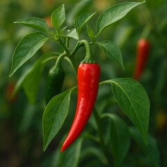 The ripening period of hot pepper. Red hot chili pepper grows on a bush, banner