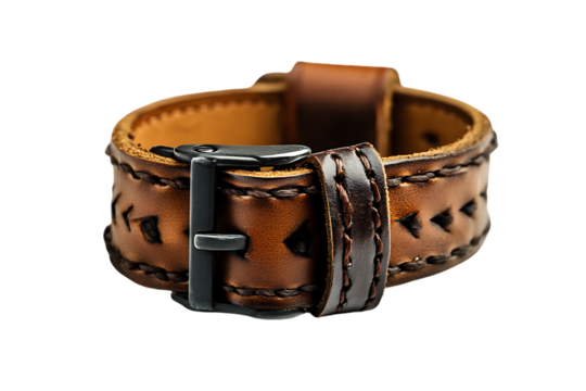 Handcrafted Brown Leather Watchband with Intricate Stitching Detail