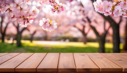 empty wooden table in sakura flower park with garden bokeh background country outdoor theme mock up for product display wooden table in front of the spring blossom tree landscape product display an
