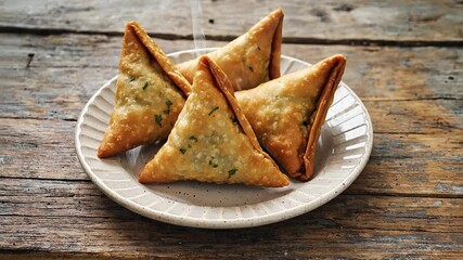 Crispy Samosas on Plate, Wooden Table, Steam Rising.  Possible Use Stock photo for food, restaurants, or recipes