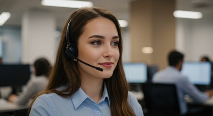 Smiling woman with headset working in a call center. Female customer service representative assisting clients in an office environment.