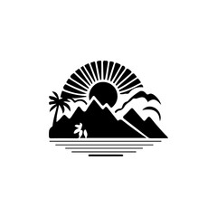 Fototapeta premium A black and white drawing of a mountain landscape with a sun and mountains in the background