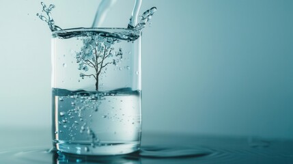 Glass of Water with a Tree Inside Surrounded by Splashes of Water